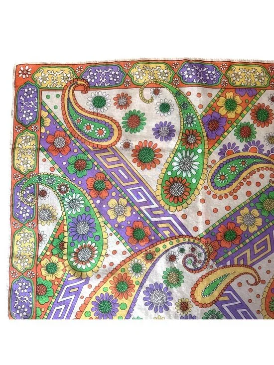 VTG Floral Paisley Print Square Scarf Purple Green Orange Bohemian Style Hippie - Picture 6 of 7
